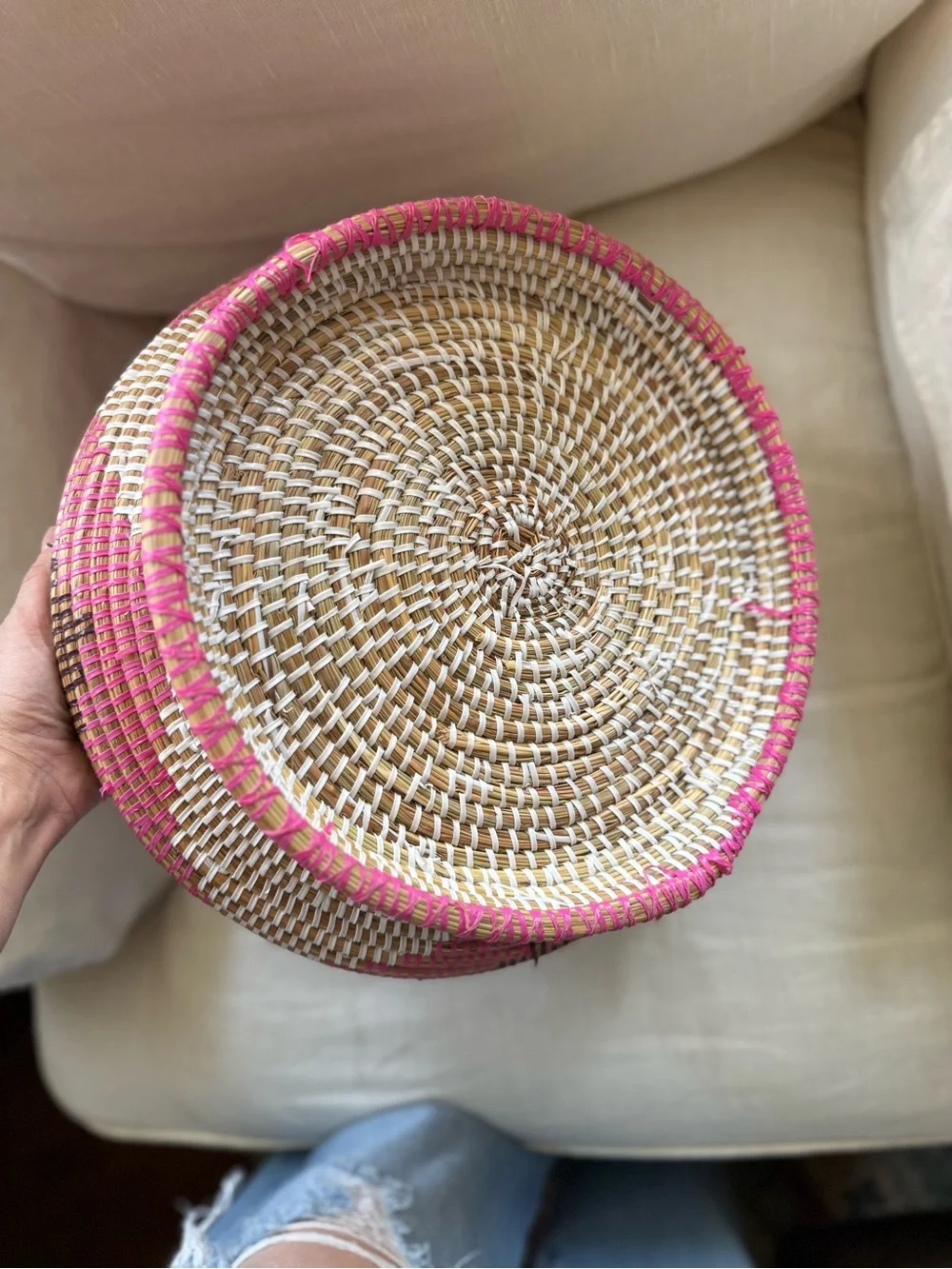 traditional African handwoven lidded basket pink brown and white EUC